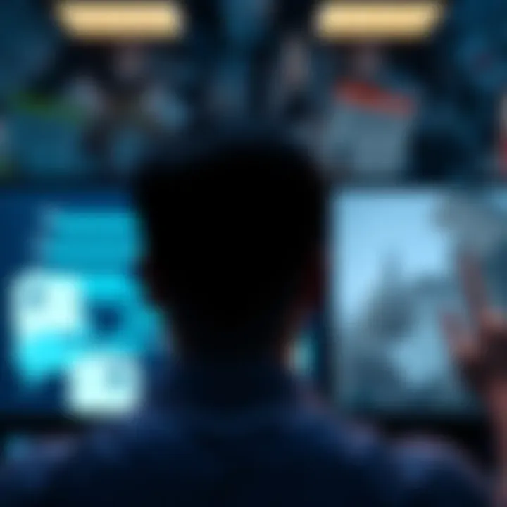 A person staring at a computer screen displaying AI chat interactions, while news articles and government statements are scattered in the background, symbolizing distraction from reality.