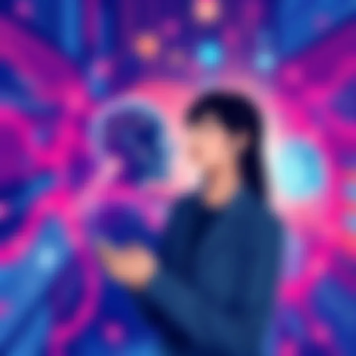 An illustration showing a person engaged in conversation with an AI interface, representing the exploration of nonduality concepts and clarity in thought.
