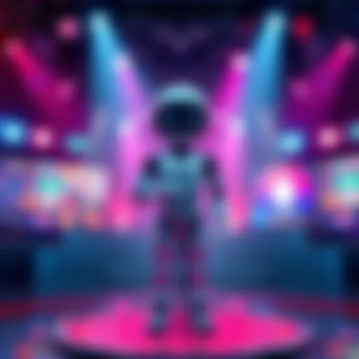 A futuristic AI character standing on a stage with a microphone, surrounded by digital screens displaying entertainment icons.