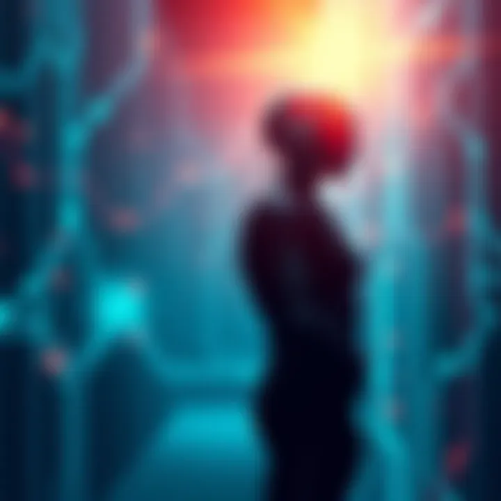 A human figure standing with a robotic silhouette, symbolizing the clash between humanity and artificial intelligence influence over thoughts.