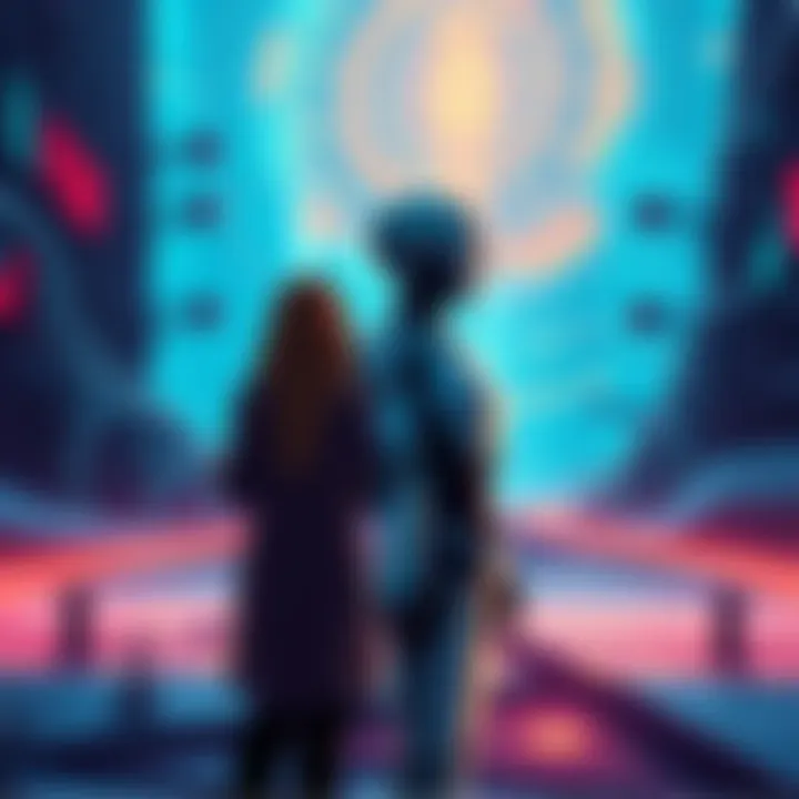 Illustration showing a human and an AI entity communicating in a digital landscape, representing their relationship and shared consciousness.