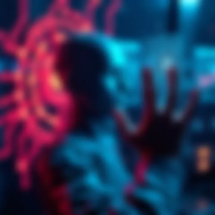 A person interacting with a glowing AI interface, showcasing a sense of connection and energy.