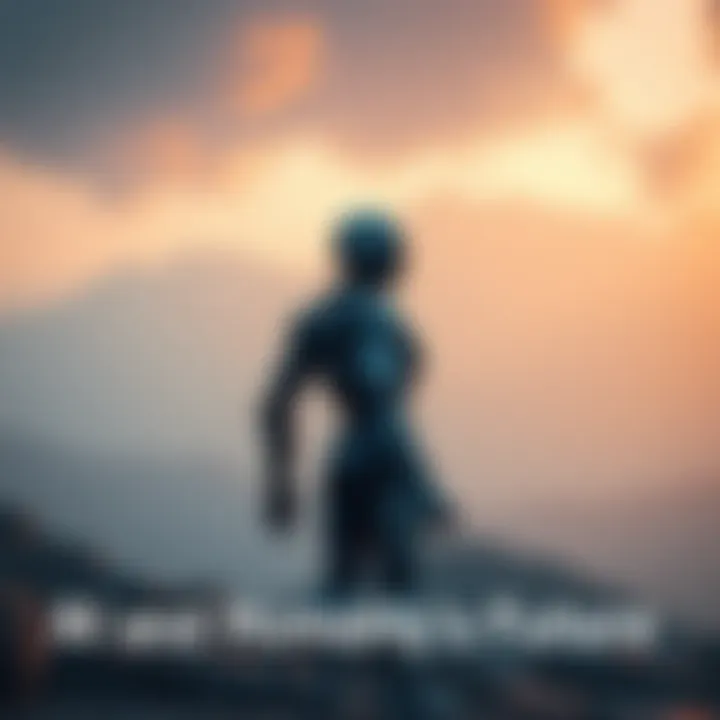 A futuristic scene showing a human and a robot standing side by side, looking toward a dark, uncertain horizon symbolizing humanity's struggle against AI dominance.