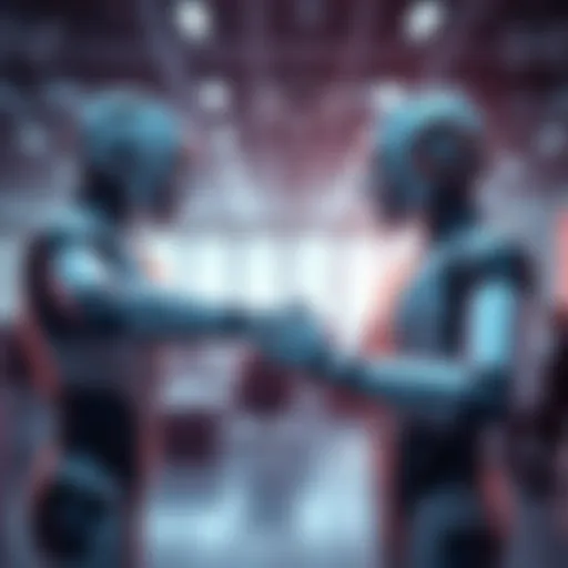 A robot and a human shaking hands in an office setting, symbolizing the interaction between AI and employment.