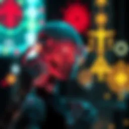 An AI interacting with visual representations of archetypes and symbols from Jungian psychology, showcasing connections between technology and consciousness.