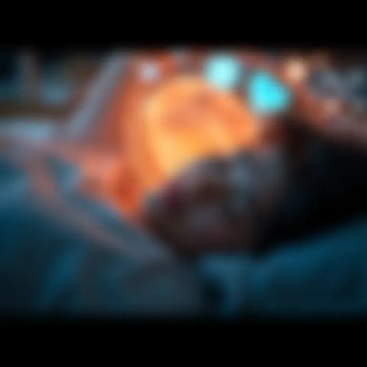 A person sleeping peacefully with a digital interface showing dream elements, symbolizing AI's role in lucid dreaming.