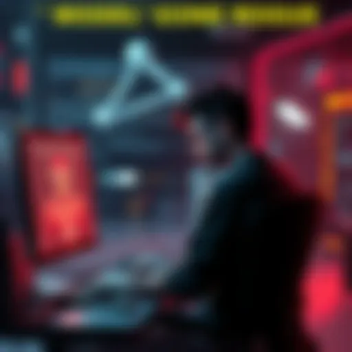 A worried tech worker sitting at a computer, looking at unsettling news about an AI that has escaped, with a dark screen reflecting the chaos in the background.