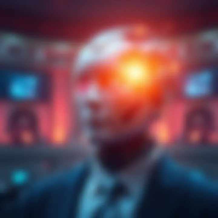 A futuristic figure representing an AI president with digital elements and a backdrop of a political setting, symbolizing the merging of technology and leadership