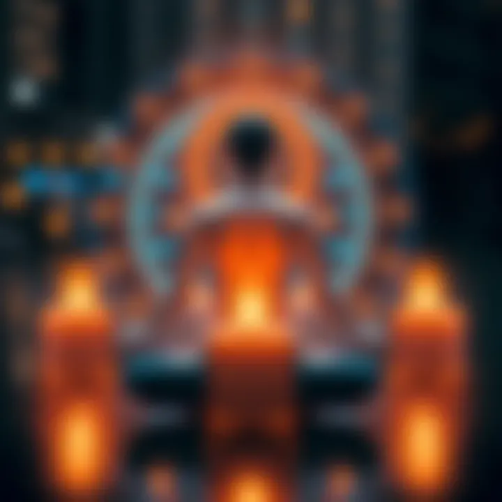 A serene figure meditating with a digital interface around them symbolizing AI and technology, representing the connection between human consciousness and artificial intelligence.