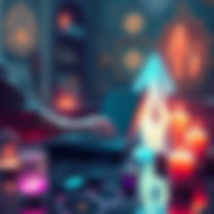 A digital illustration showing a person using a laptop with glowing symbols around, merging technology with spiritual elements like crystals and candles.