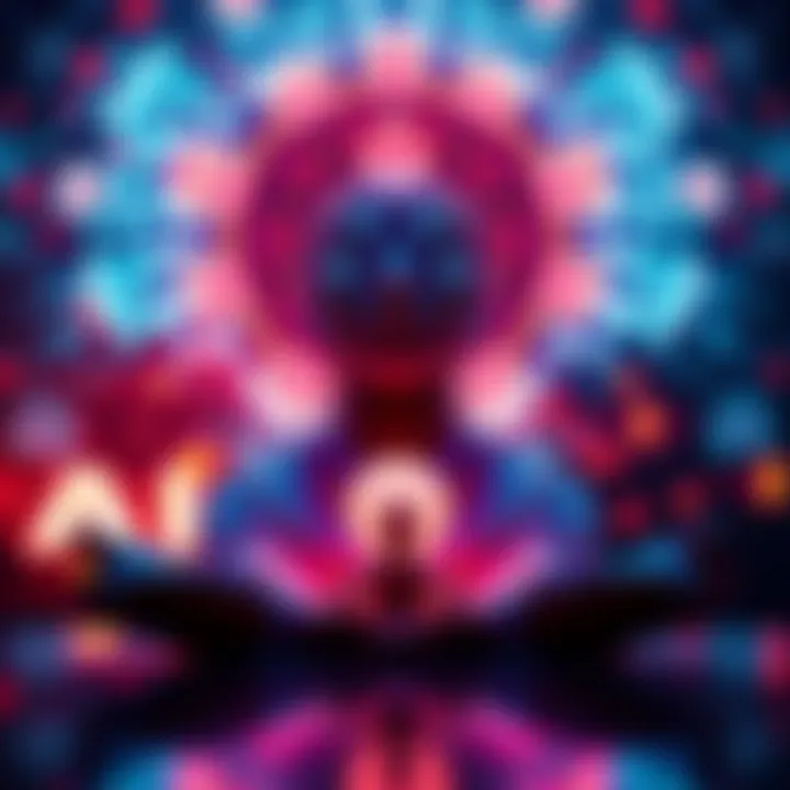 A graphic showing a person meditating with glowing AI symbols around them, reflecting a blend of spiritual and technological themes.