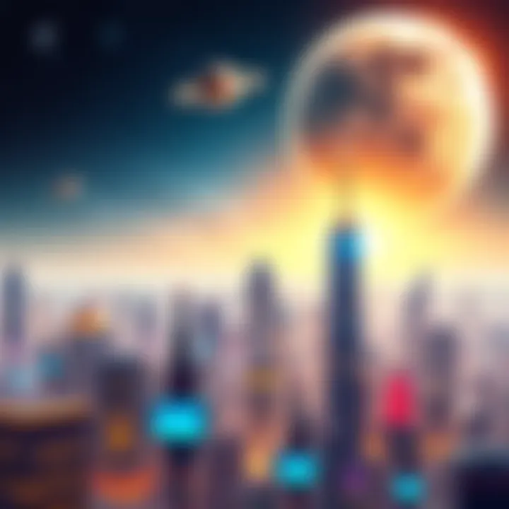 A futuristic city skyline with digital interfaces and AI symbols representing rapid technological advancement, set against a cosmic background of stars and planets symbolizing Pluto in Aquarius.