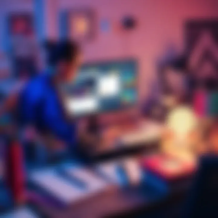 A person working on content creation with AI tools like ChatGPT on a computer, surrounded by creative materials like notebooks and art supplies.