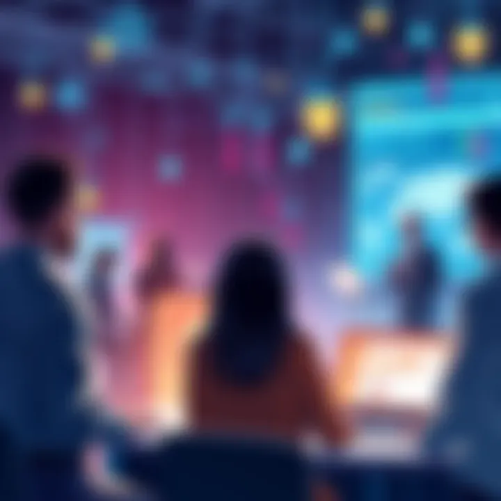 An illustration showing people engaging in online forums, with AI elements represented by digital icons and data streams, highlighting the connection between technology and community discussions.