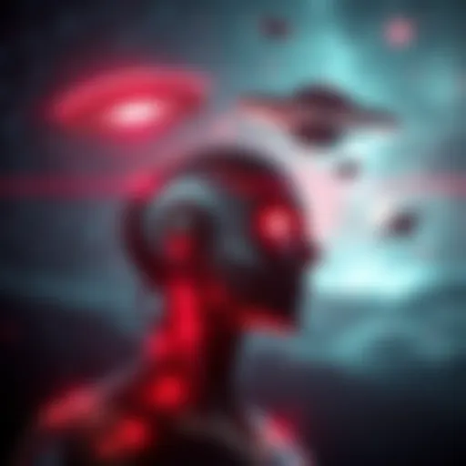 A futuristic representation showing artificial intelligence interacting with symbols of extraterrestrial life, like UFOs and stars in a night sky.