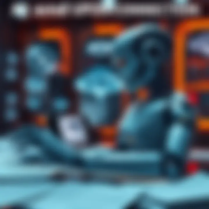 A futuristic scene showing a robot analyzing UFO images with government documents in the background.