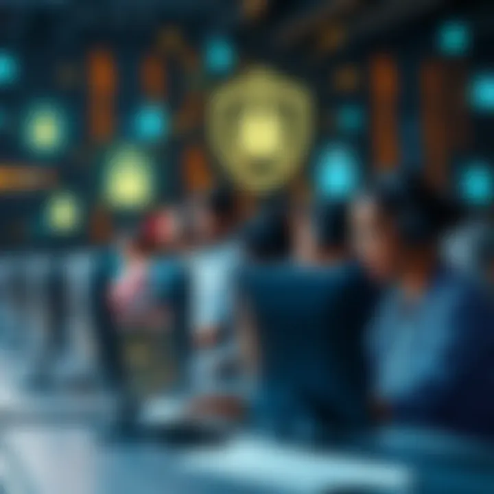 A diverse group of people using computers to create video content with AI tools, surrounded by digital security icons like locks and shields, highlighting concerns over PDF leaks.