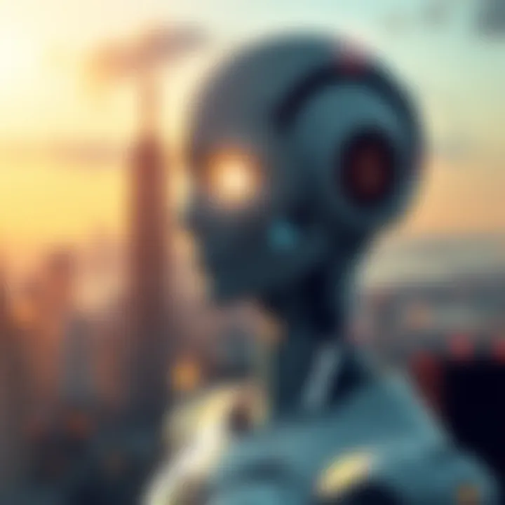 A futuristic depiction of a robot with glowing eyes, standing among a city skyline, symbolizing the potential future of AI sentience and its impact on humanity.