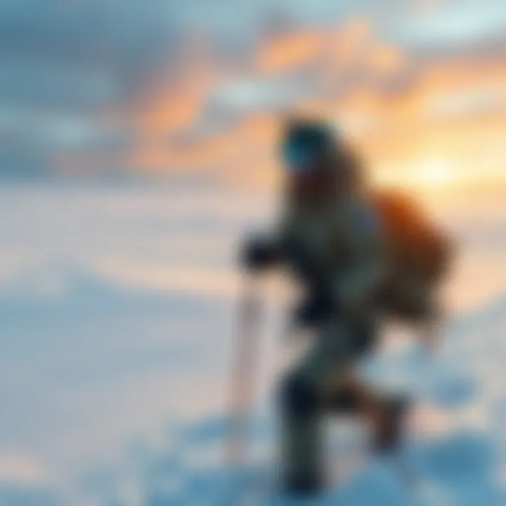 Finnish soldier Aimo Koivunen skis through the snow-covered Arctic landscape, battling harsh conditions while carrying a backpack and ski poles.