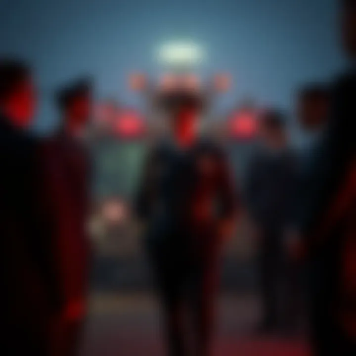 Air Force general in uniform talking to a group of people in suits near a military vehicle under eerie lighting before his disappearance