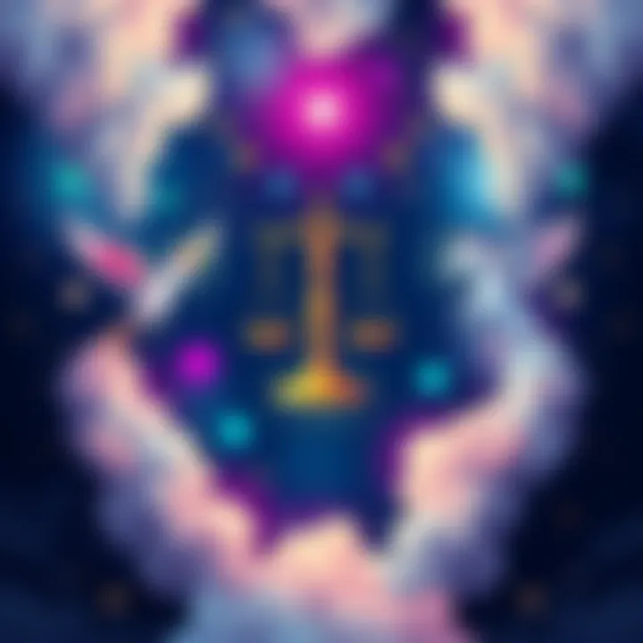 A colorful illustration showing the symbols of Gemini, Libra, and Aquarius representing air signs in astrology, surrounded by clouds and stars.