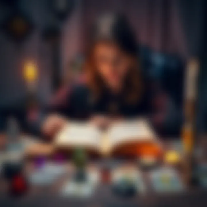 A person sitting at a table with tarot cards and crystals, focusing on a book representing the Akashic records.