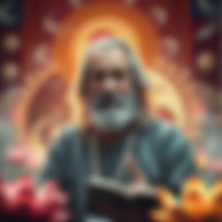 A serene image of Alan Watts speaking, surrounded by symbols of Eastern philosophy like yin-yang and lotus flowers.