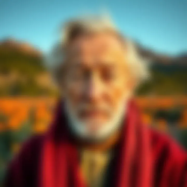 A thoughtful portrait of Alan Watts, the philosopher known for popularizing Zen Buddhism in America, with a serene expression and a backdrop of nature.