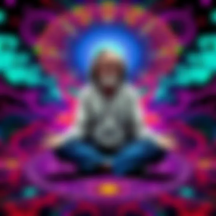 Alan Watts sitting cross-legged with a serene expression, surrounded by abstract psychedelic colors and patterns.