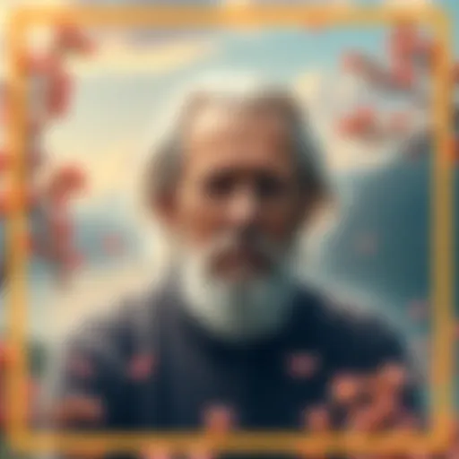 A portrait of Alan Watts surrounded by a calm, peaceful nature scene, symbolizing living without solid purpose.