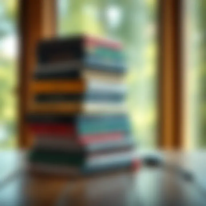 A stack of books by Alan Watts on a wooden table with a calming background