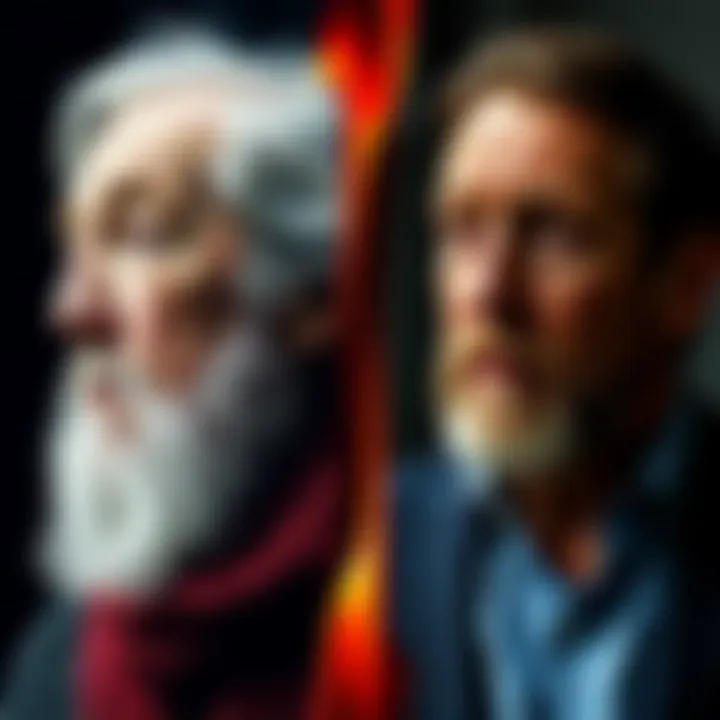 A split image showing Alan Watts on one side and Eckhart Tolle on the other, both looking thoughtful.