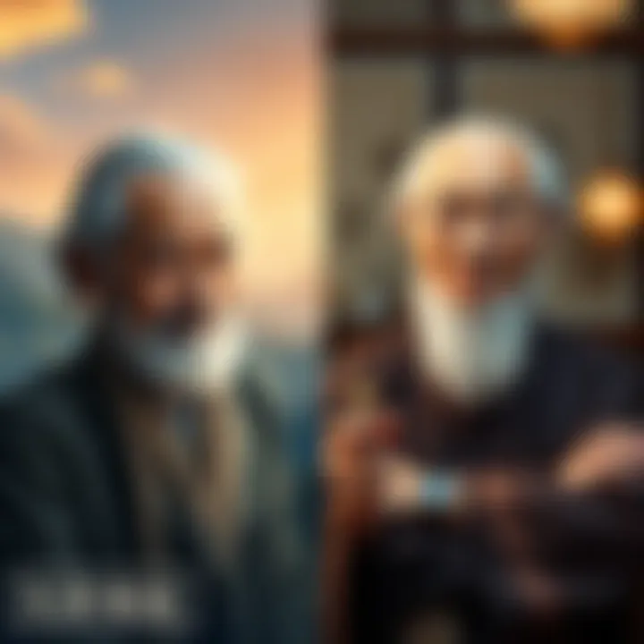 A split image showing Alan Watts on one side, with serene expressions and nature backgrounds, and Lin Yutang on the other side, with a cozy setting and traditional Cultural elements, symbolizing their...