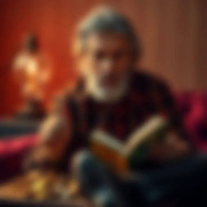 Alan Watts seated, surrounded by coins and a book about money, reflecting on its value