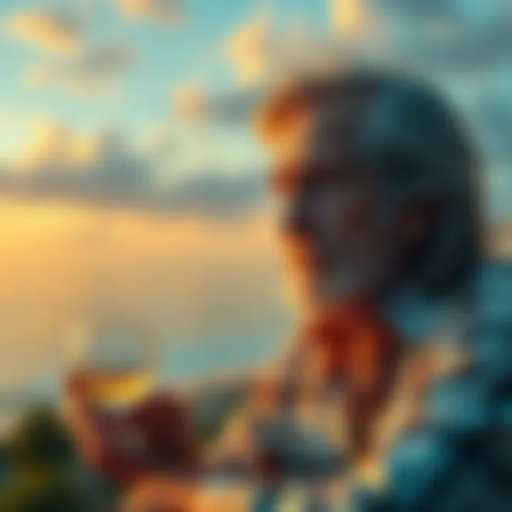 A thoughtful Alan Watts with a glass in hand, contemplating life's choices amidst a serene backdrop.