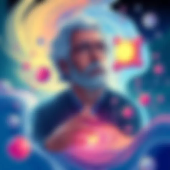 An illustration of Alan Watts contemplating the concept of quantum foam, surrounded by abstract representations of fluid reality and interconnected particles.