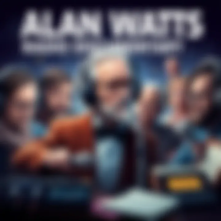 A collage of people sharing stories about Alan Watts, with audio equipment and notes in the background