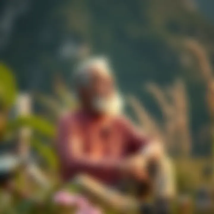 A thoughtful Alan Watts sits peacefully, contemplating the nature of self and existence, surrounded by nature.
