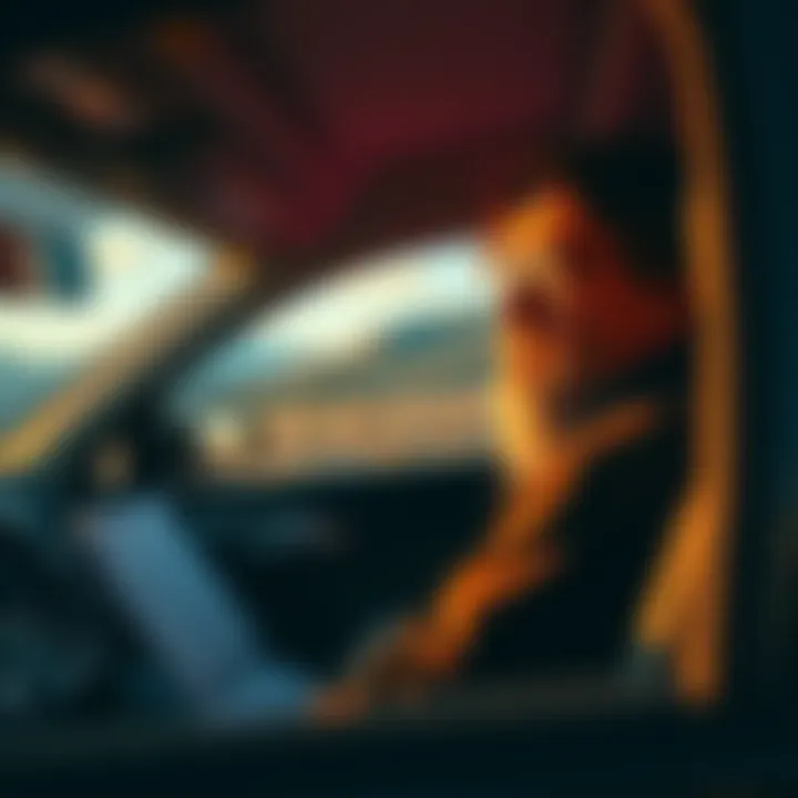 A car interior with a person listening to Alan Watts lectures during a road trip, scenic view outside the window