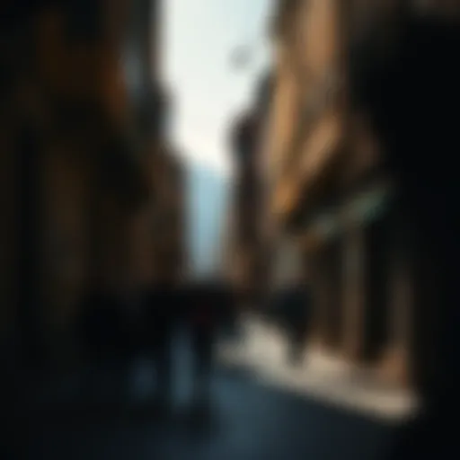 A busy street in Albania with people walking, shadows cast by buildings, hinting at a dark issue of human trafficking.