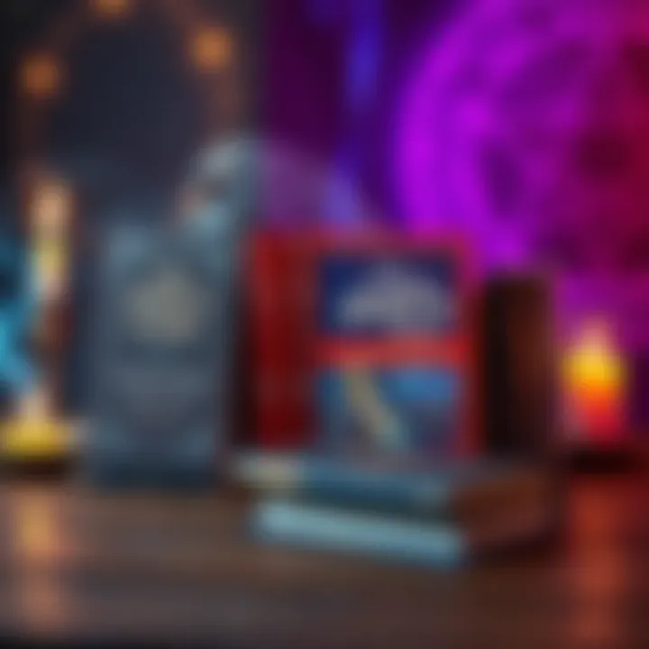 A collection of books on alchemy, including The Complete Idiot’s Guide, displayed on a wooden table with a candle and mystical symbols in the background.