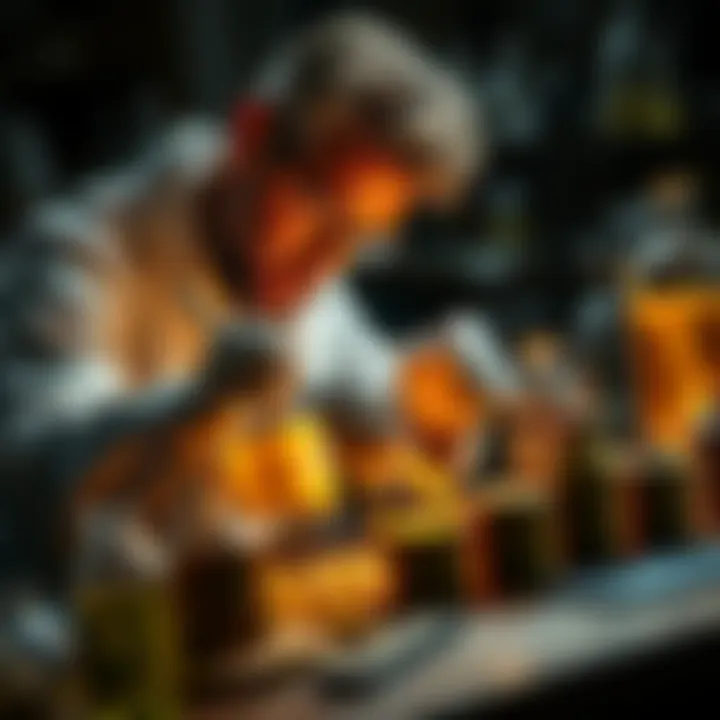 A scientist in a lab coat examines lead and gold materials on a workbench, symbolizing the alchemy process.