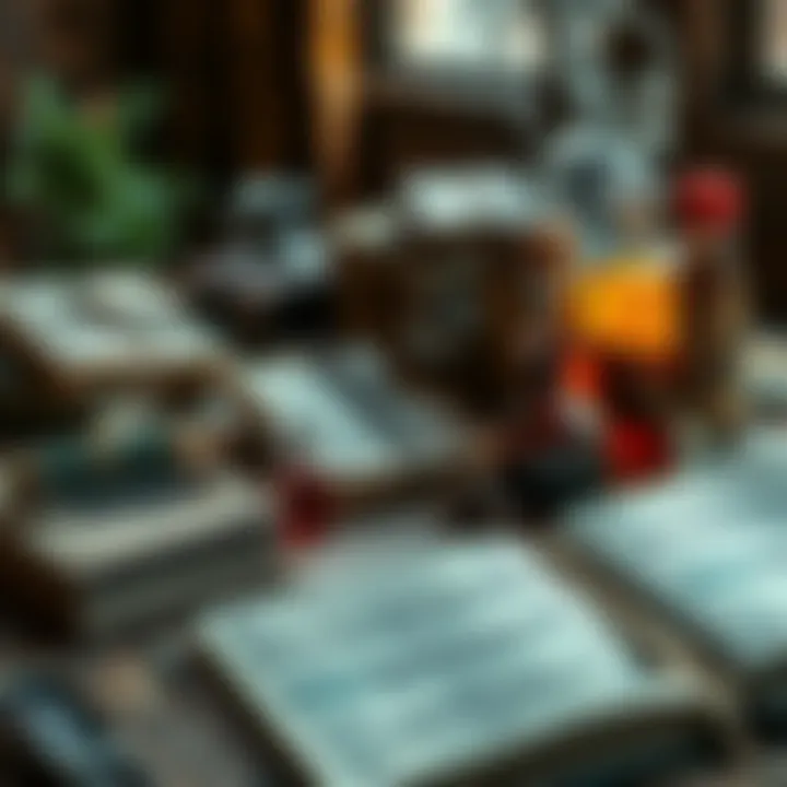 Various alchemical texts and potions on a wooden table