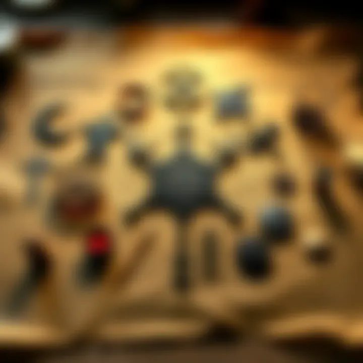 A collection of alchemical symbols and elements displayed on a parchment background, representing the basics of alchemy.