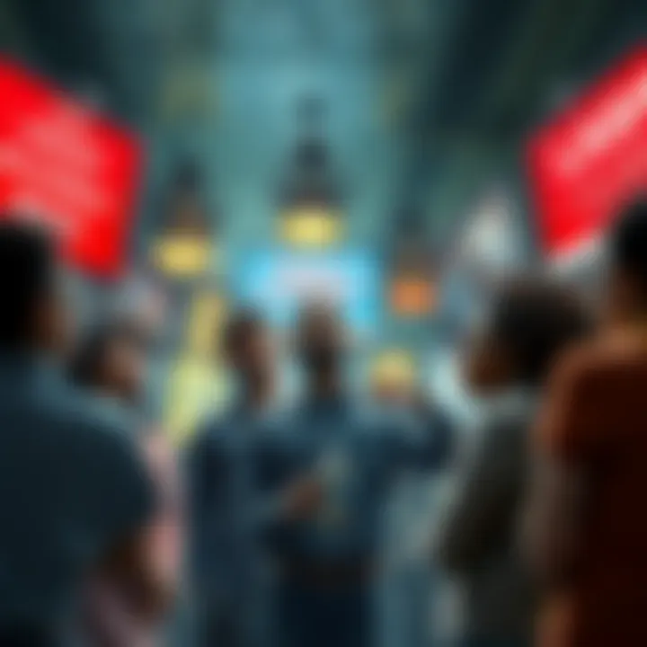 A concerned group of people discussing the lack of alcohol awareness campaigns while surrounded by various public service announcements on other issues.