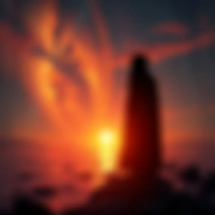 Aleister Crowley and Universal Support A silhouette of Aleister Crowley standing by a river, symbolizing flow and destiny, with stars above representing the Universe's support.