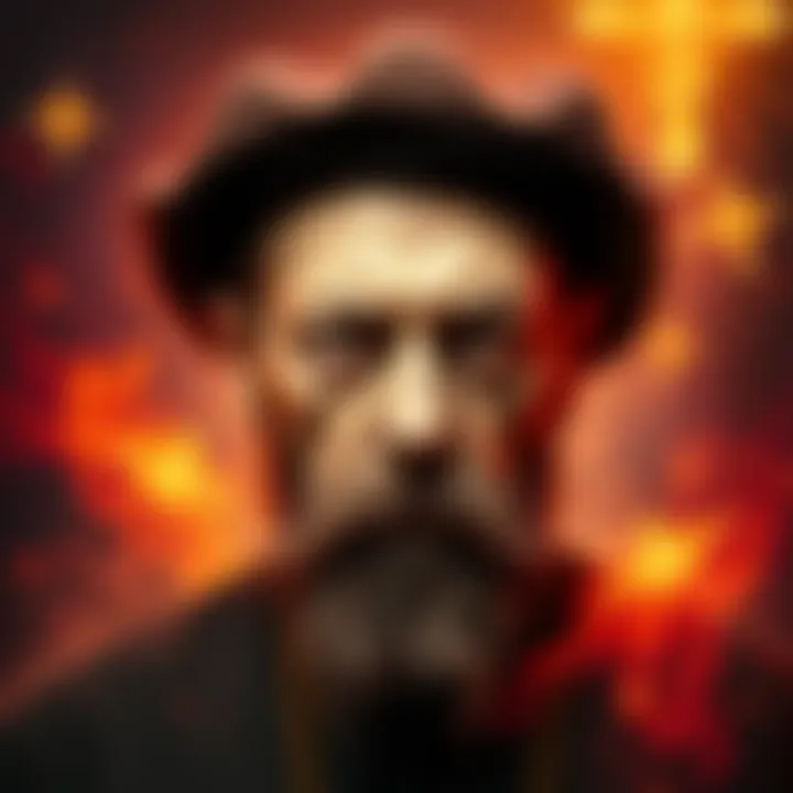 A portrait of Aleister Crowley with an intense expression, surrounded by occult symbols