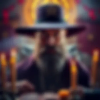 A portrait of Aleister Crowley, depicted as a man with a distinctive beard, wearing a wide-brimmed hat and looking contemplative. He is surrounded by mystical symbols and candles, representing his con...
