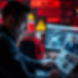 Alert for False Flag Operations A concerned person looking at news on a computer, with alerts and warning signs visible in the background.