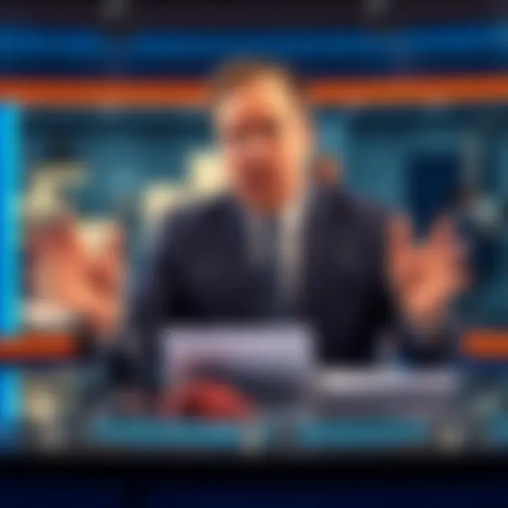 Alex Jones speaking confidently at a news desk, expressing controversial views with gestures